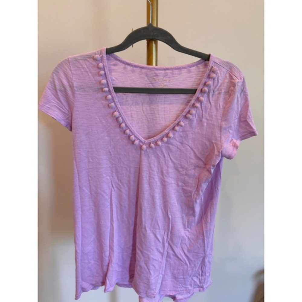 Lilly Pulitzer Womens XS V Neck Short Sleeve Top Pom Pom Trim Lavender‎